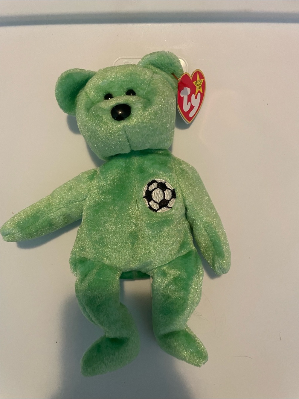 1998 Ty Beanie Baby Kicks Green Soccer Bear Plush - Green Ty Bear